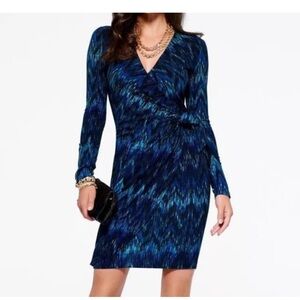 Cache SEXY Blue Stretch Zig Zag Knit WRAP Dress Day Night Gold Zipper Size Small